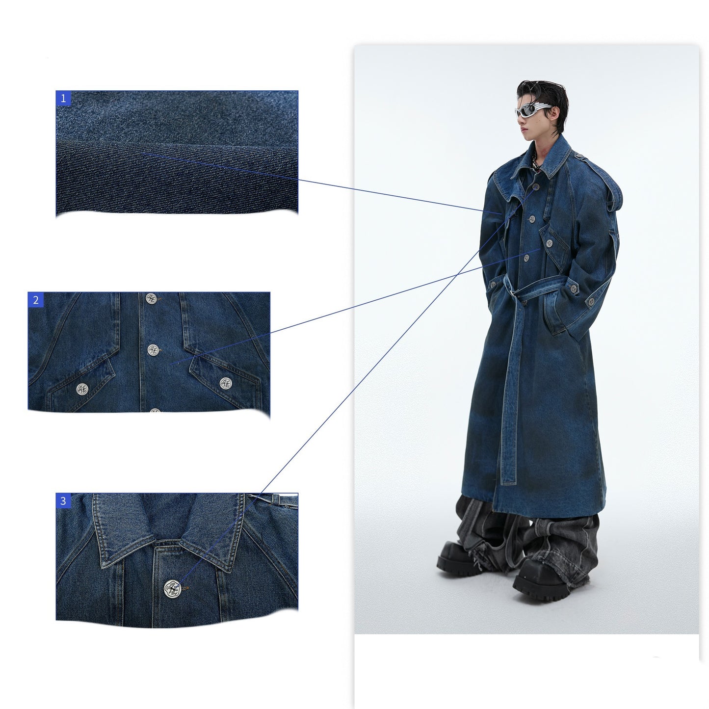 Manteau long en denim à double épaisseur et épaules rembourrées