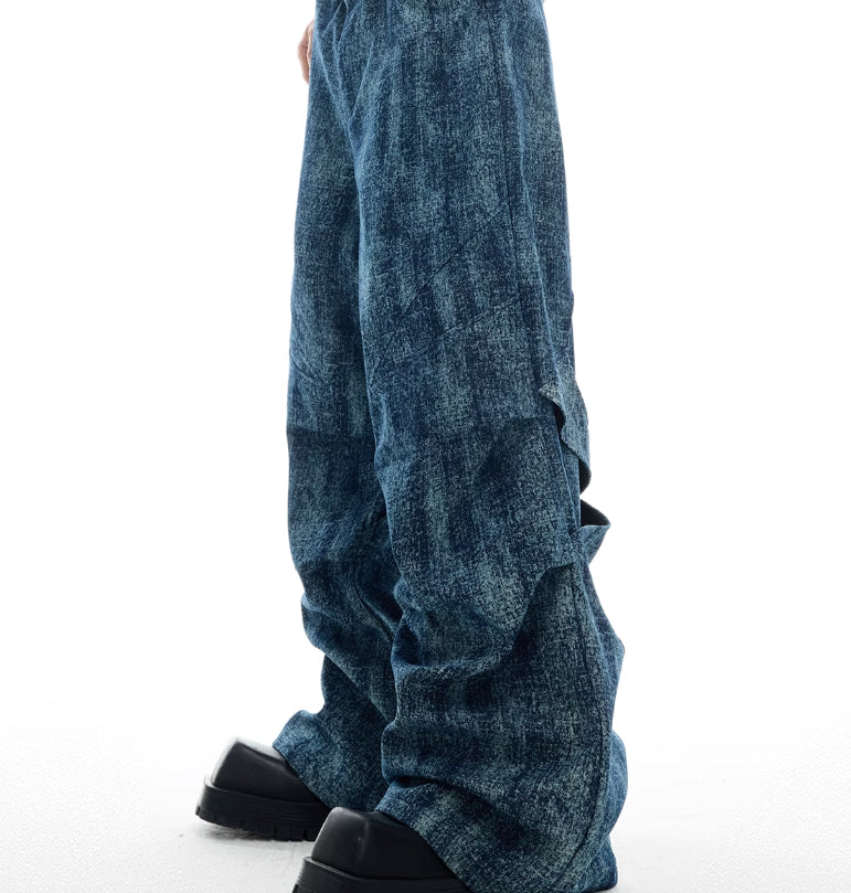 Niche Pleated Texture Straight Loose Jeans Stitching Trousers