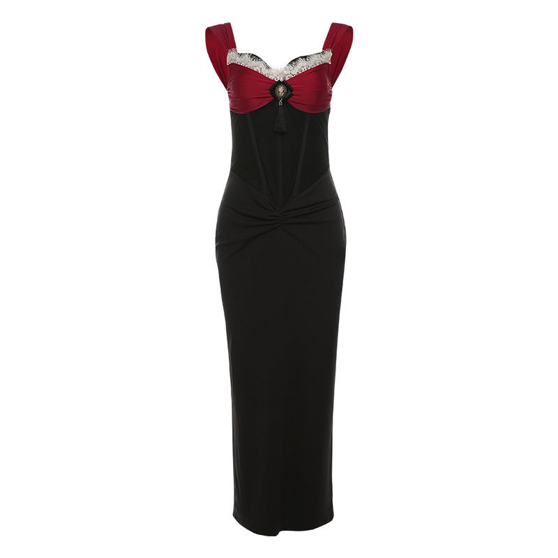 Robe longue rétro à taille serrée et couleur contrastée