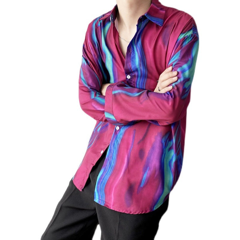 Red And Blue Contrast Print Loose Shirt