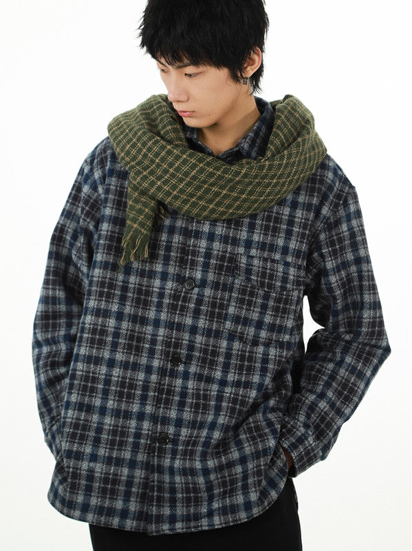 Fine Check Wool Padded Shirt Jacket Straight Fit