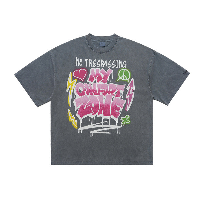 Retro Washed Dyed Distressed Letter Print Short-sleeve T-shirt