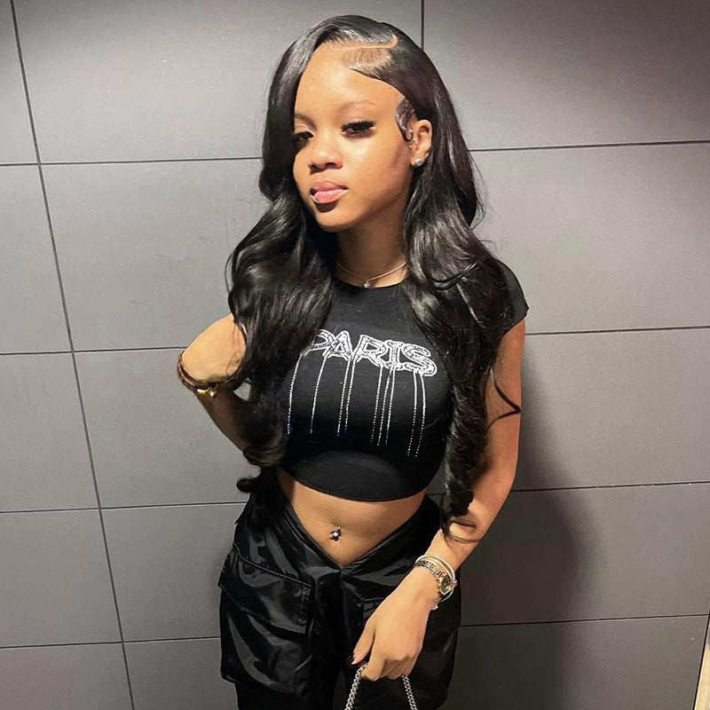 T-shirt à col rond et manches courtes avec inscription « Hot Diamond » pour femme