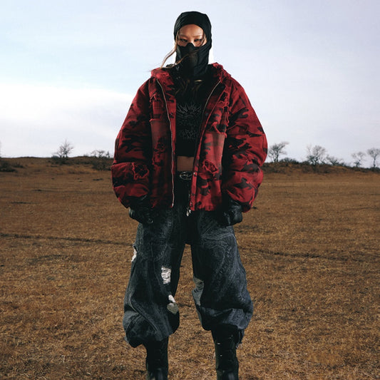 Camouflage Checkered Perforated Hooded Red Distressed Cotton Jacket