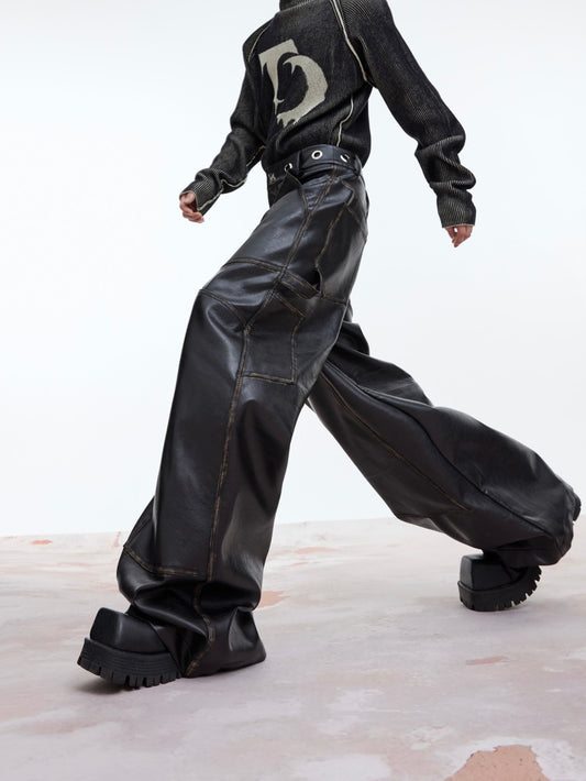 Pantalon rétro en cuir PU mat vieilli