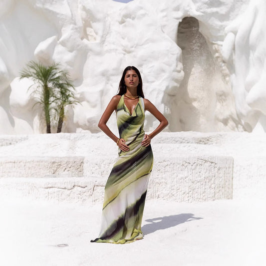 Abito a tubino aderente con scollo a V sexy e schiena scoperta, stampa digitale