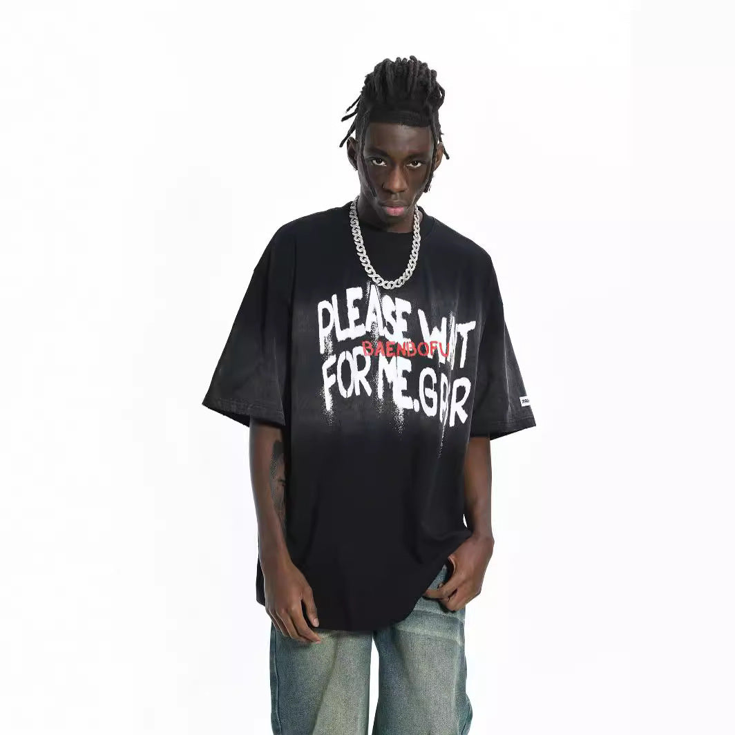 American Retro Washed Distressed Letters Graffiti Short Sleeve