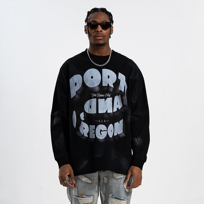 T-shirt à manches longues pour homme, style rétro, ample, effet vieilli, avec blocs de peinture