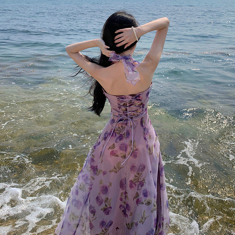 Robe dos nu imprimée à col halter pour femme