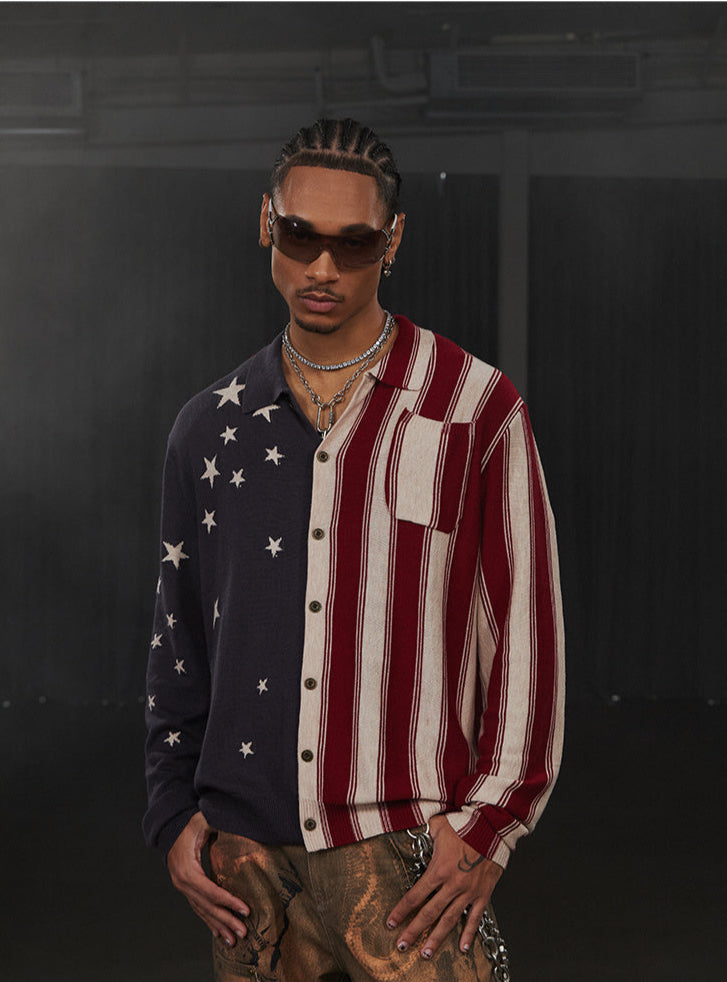 American Retro Flag XINGX Printed Striped Sweater Short Wide Long-sleeved Shirt