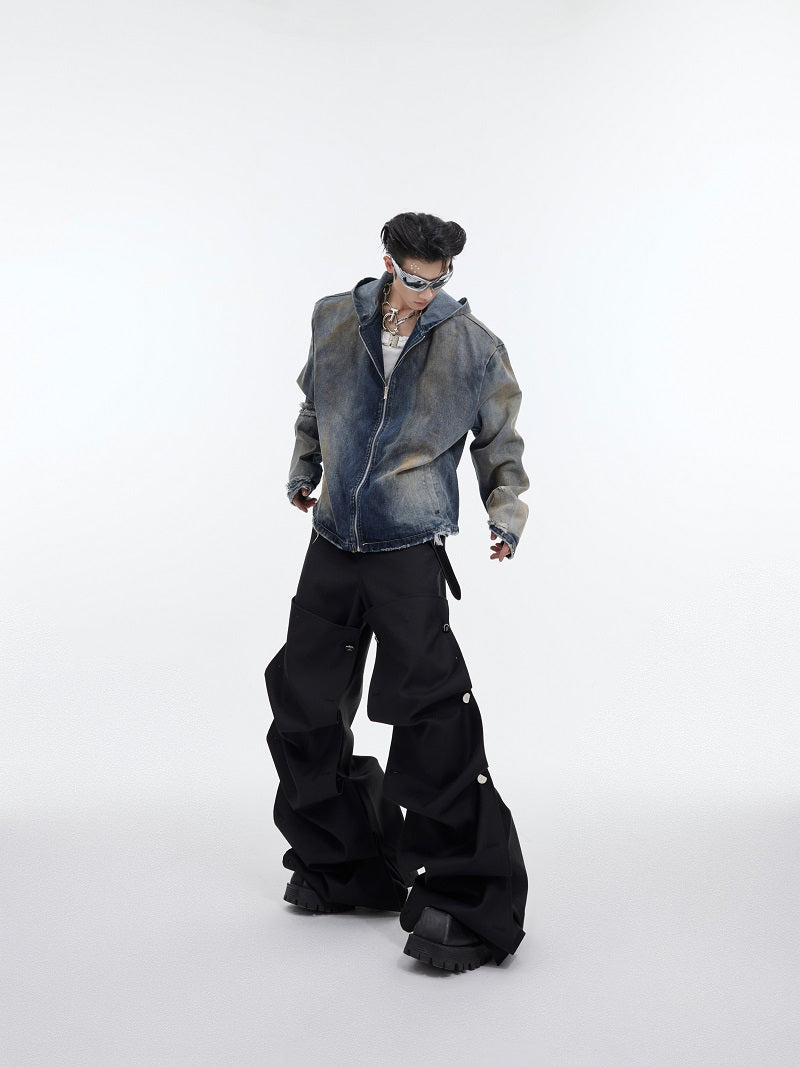 Design Sense Padded Shoulder Heavy Retro Distressed Hooded Denim Jacket