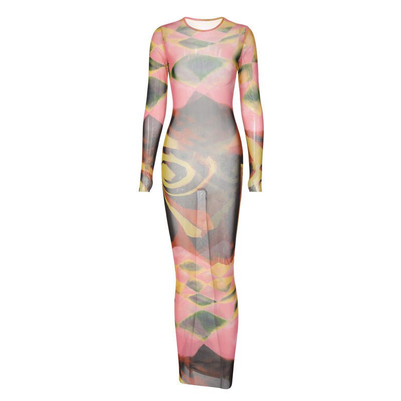 Fashion Printed Slim Fit Round Neck Dress