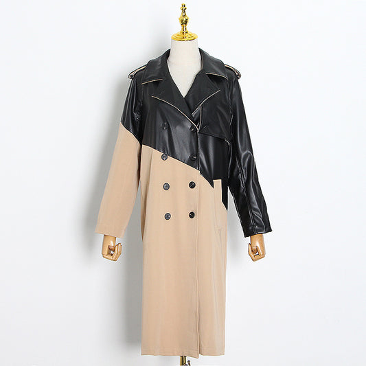 Suit collar stitching leather trench coat over the knee