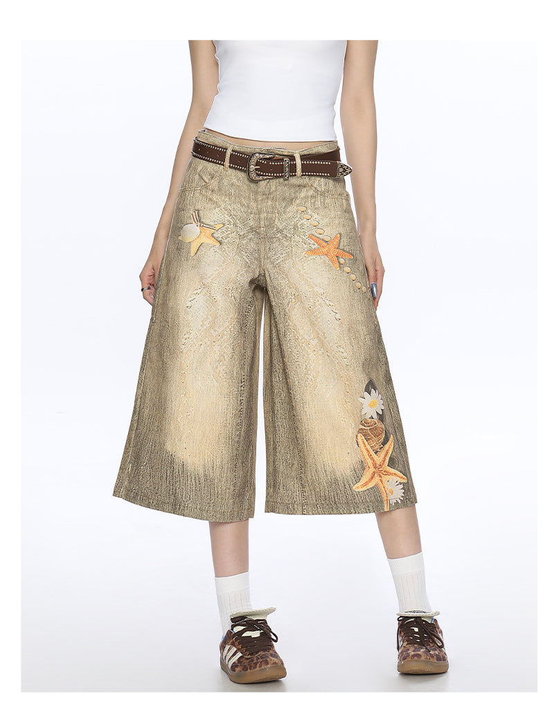 American-style Retro Large Size Shell Cropped Pants