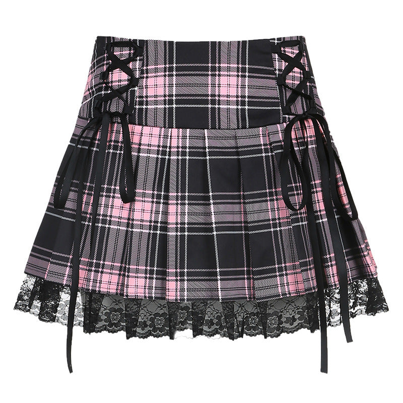 Sexy Lace Check Pleated Skirt