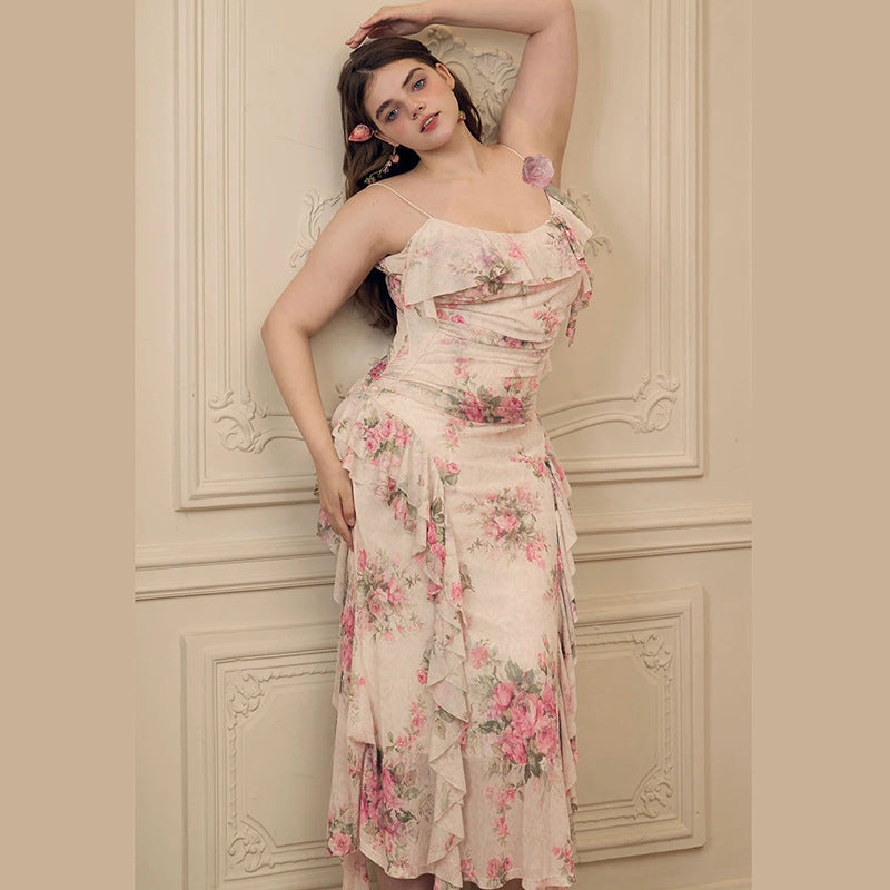 Fashion Sweet Printed Sleeveless Sling High Waist Slim Fit Dress