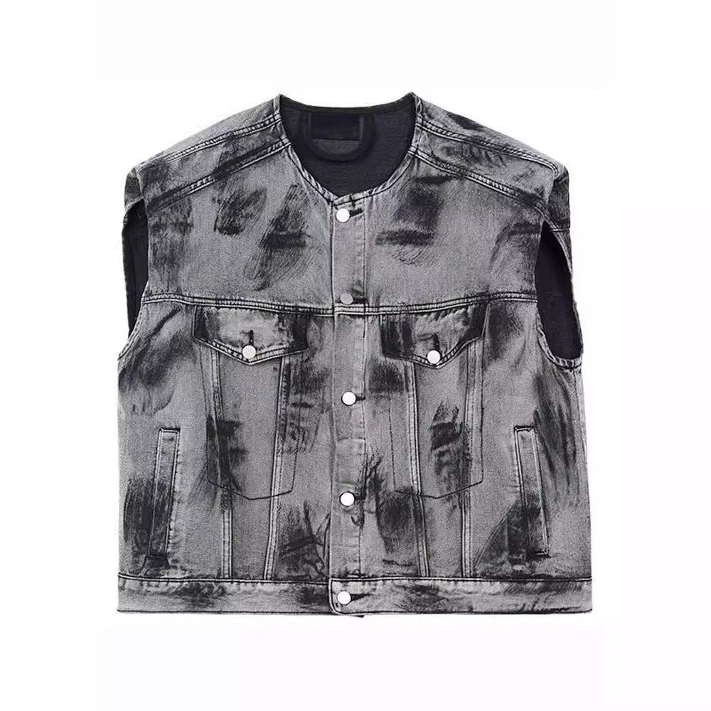 Manteau en jean sans manches à épaules rembourrées et motif graffiti de rue américain