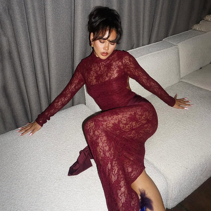 Lace Stitching Round-neck Long-sleeved Dress