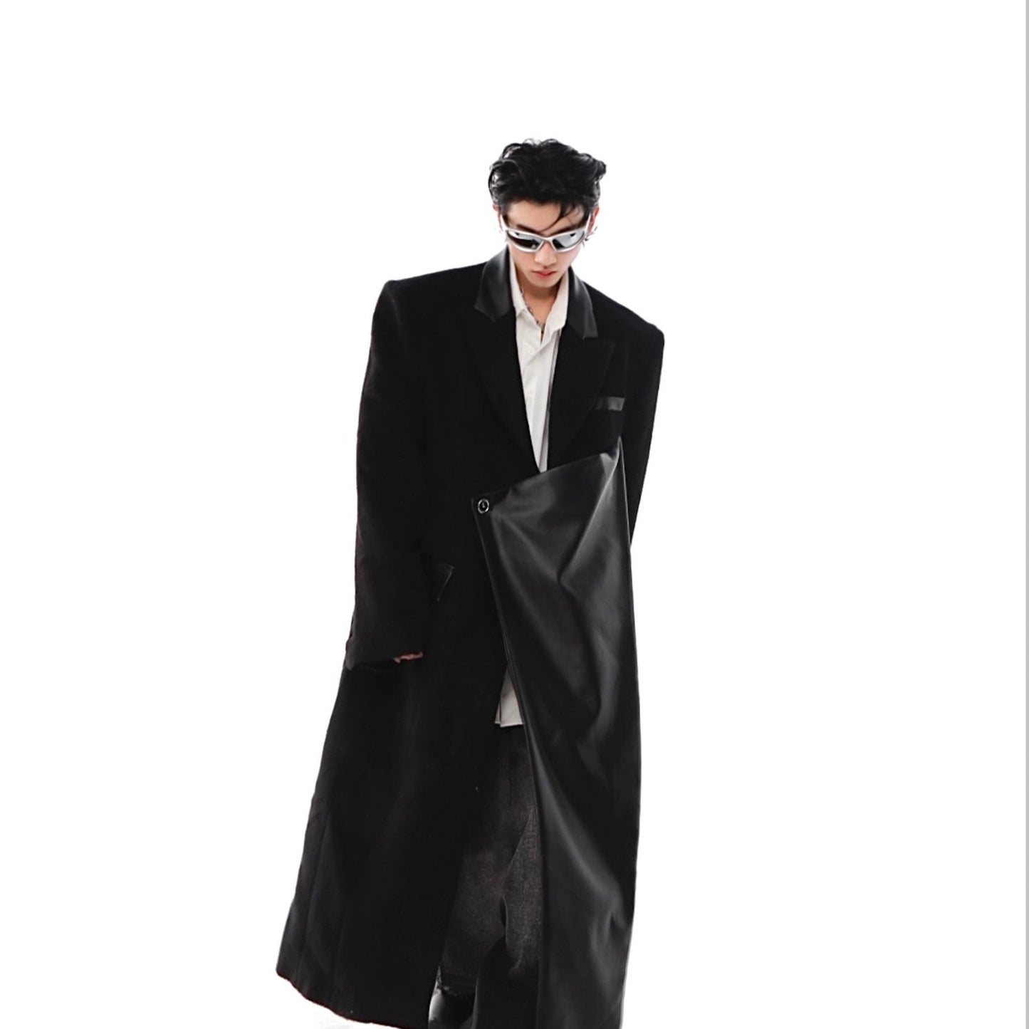 Manteau en laine à épaules rembourrées et coutures en cuir synthétique, long trench-coat blanc au-dessus du genou