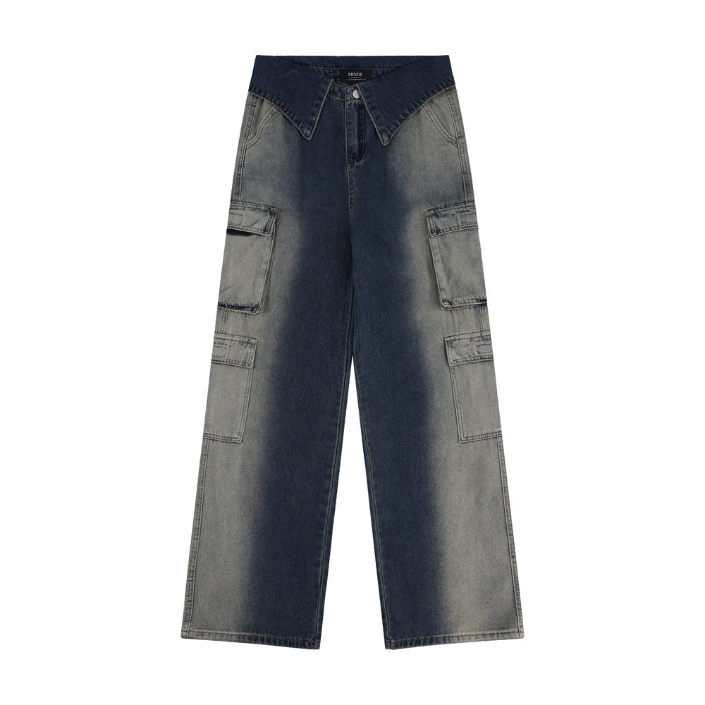 Design Loose Cool Multi-pocket Contrast Color Inkjet Trousers