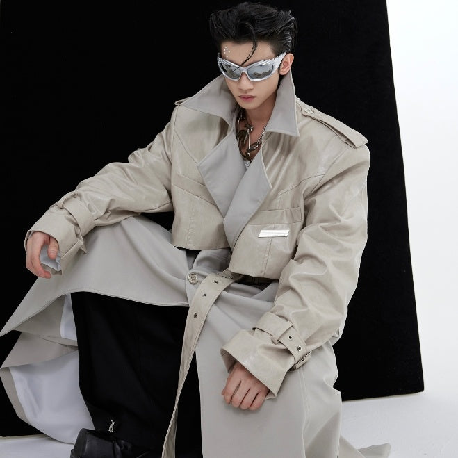 Heavy Niche Deconstruction Double-layer Stitching Padded Shoulder Long-cut Coat