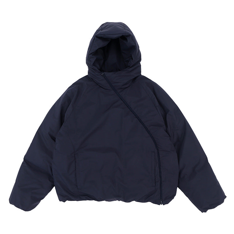 Functional Oblique Zipper Hooded Loose Coat