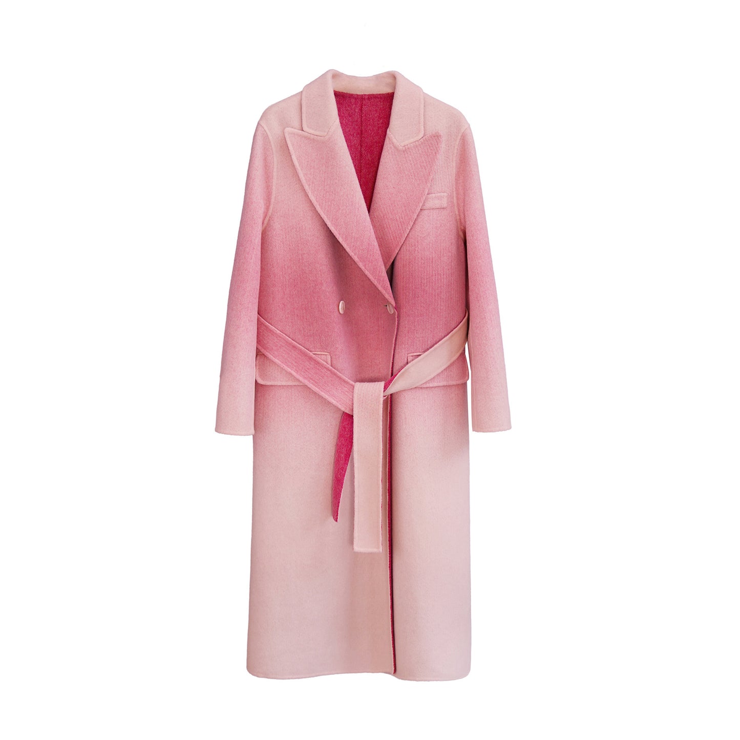 Cappotto di lana femminile sottile, morbido e confortevole, con cintura di colore sfumato alla moda