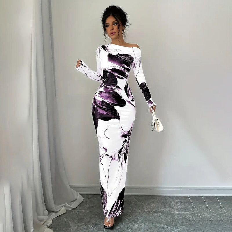 Elegant Off-Shoulder Tie-Dye Floral Bodycon Dress Stretchy Season Party & Casual Dress