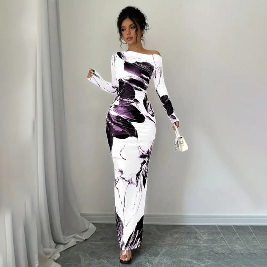 Robe moulante élégante à épaules dénudées et imprimé floral tie-dye, extensible, idéale pour les fêtes et les tenues décontractées