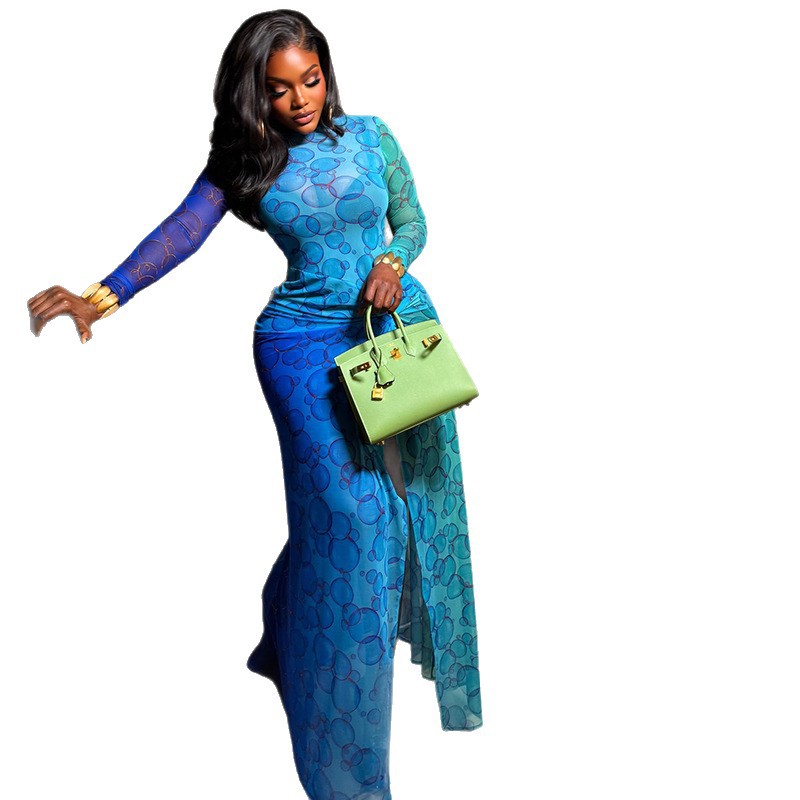 Round Neck Printed Long Sleeve Slit Dress Trendy