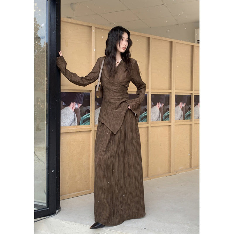 Cardigan plissé à col haut, jupe ample taille haute, coupe ajustée, costume amincissant, automne