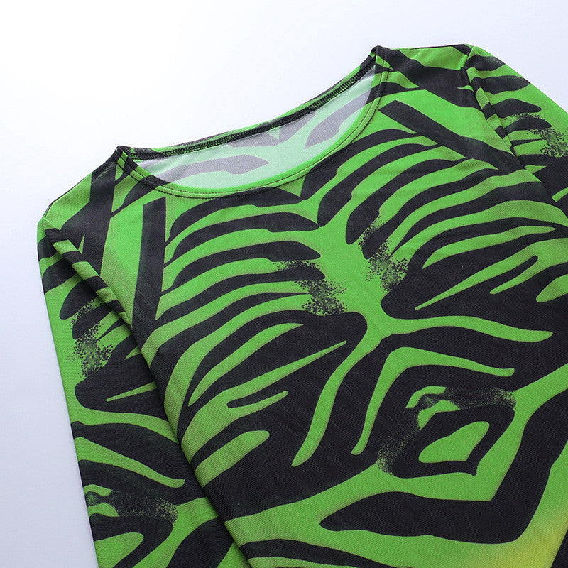 Sexy Mesh See-through Dress Printed Long-sleeved Midi Dress