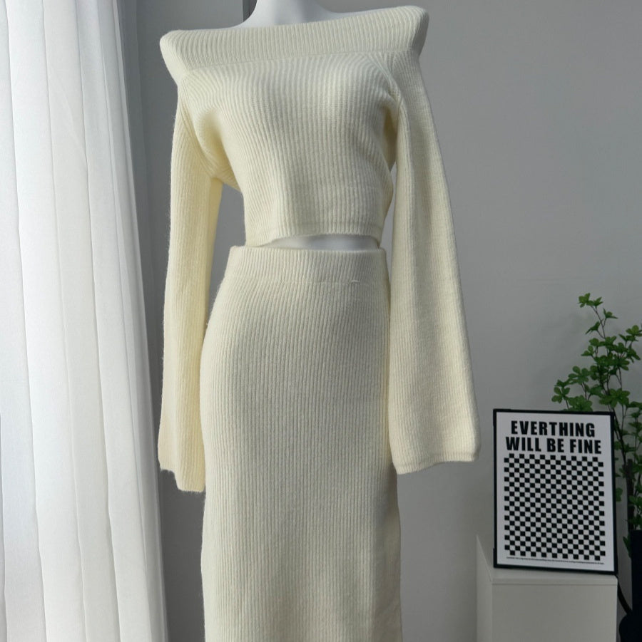 Ensemble pull épaules dénudées haut de gamme pour femme, sac et jupe taille basse