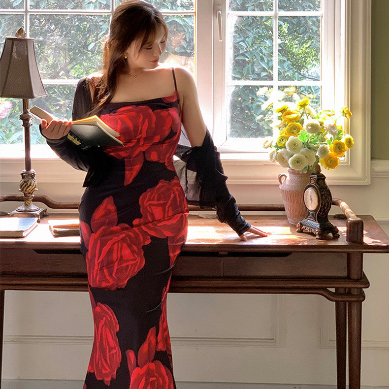 Sexy Rose Print Fish Tail Dress