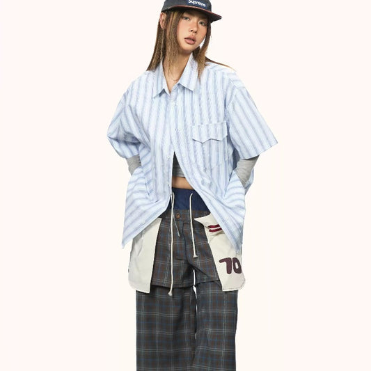 Blue Striped Short-sleeved Shirt Loose Casual