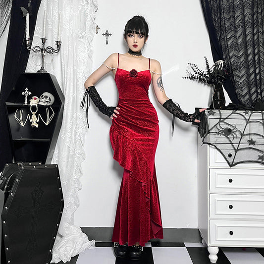 Autumn New Fashion Elegant Slim-fit Rose Strap Fishtail Dress