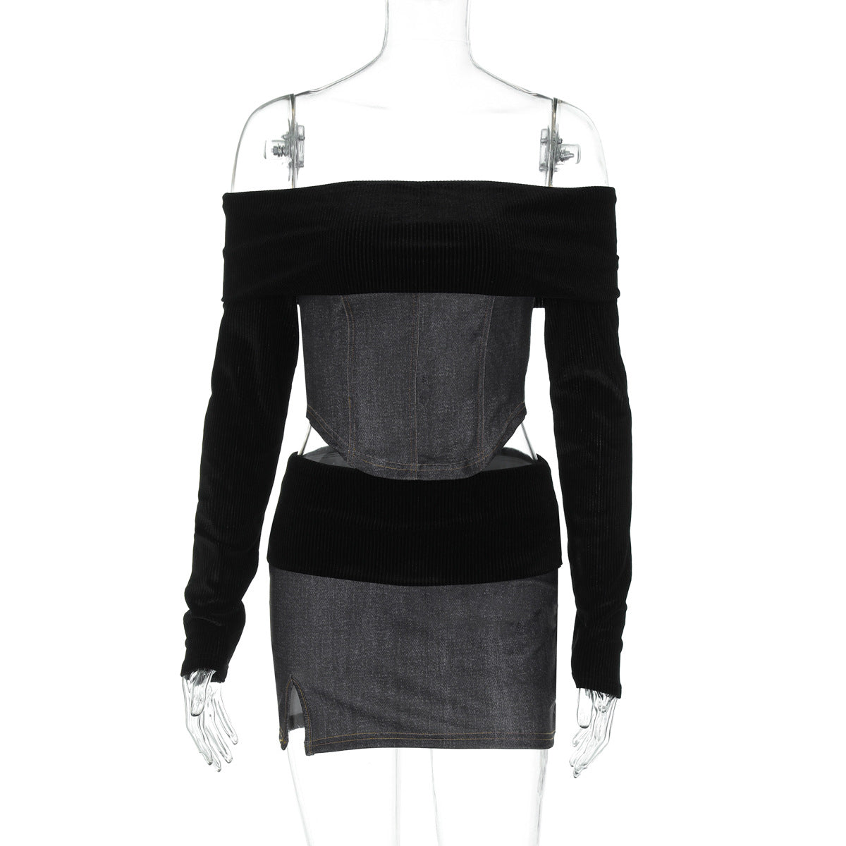 One-piece Top And Figure-hugging, Slit Mini Skirt Set