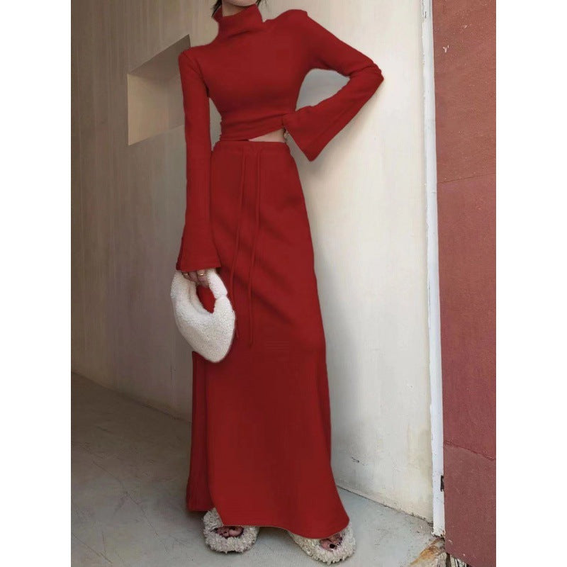 Spring And Autumn New Half Turtleneck Short Top High Waist Sheath Skirt Two-piece Set