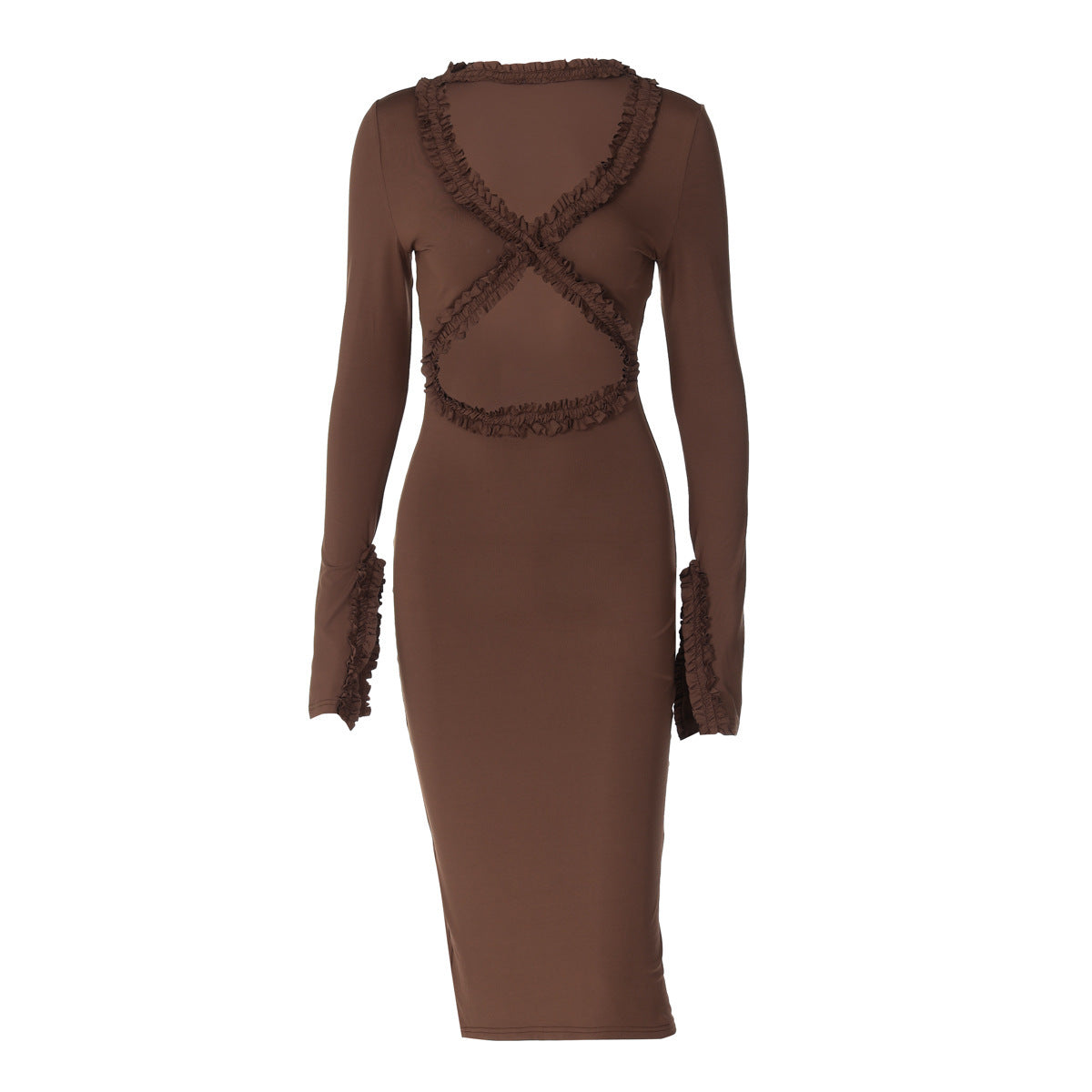 Pleated Lace Fall V-neck Sexy Cutout Slim Long Sleeve Dress