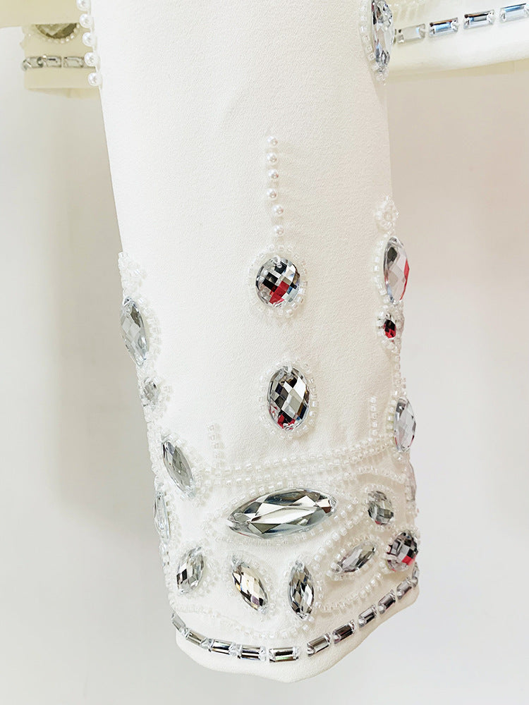 Ensemble deux pièces robe mi-longue courte incrustée de diamants et de perles de l'industrie lourde