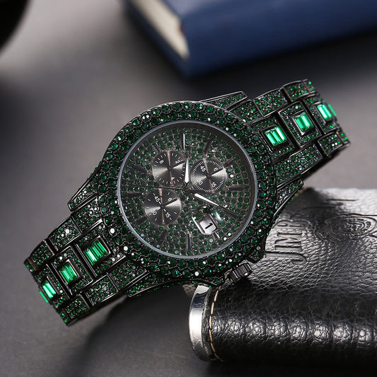 Montre homme à quartz lumineuse ornée de cristaux colorés et de diamants, style hip-hop