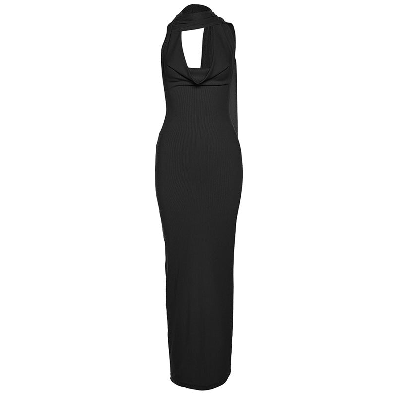 Halter Backless Slim-fit Sheath Solid Color Dress