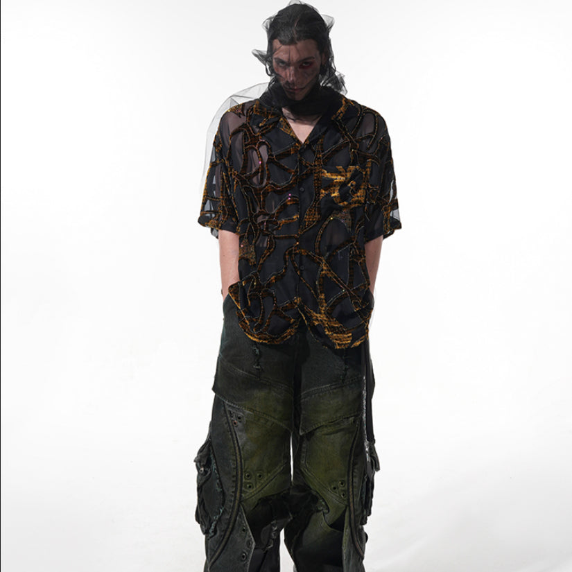 Chemise légère à manches courtes translucide à motif serpent pour hommes