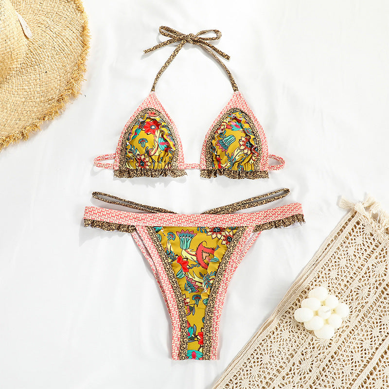 Strapping Printed Split Swimsuit