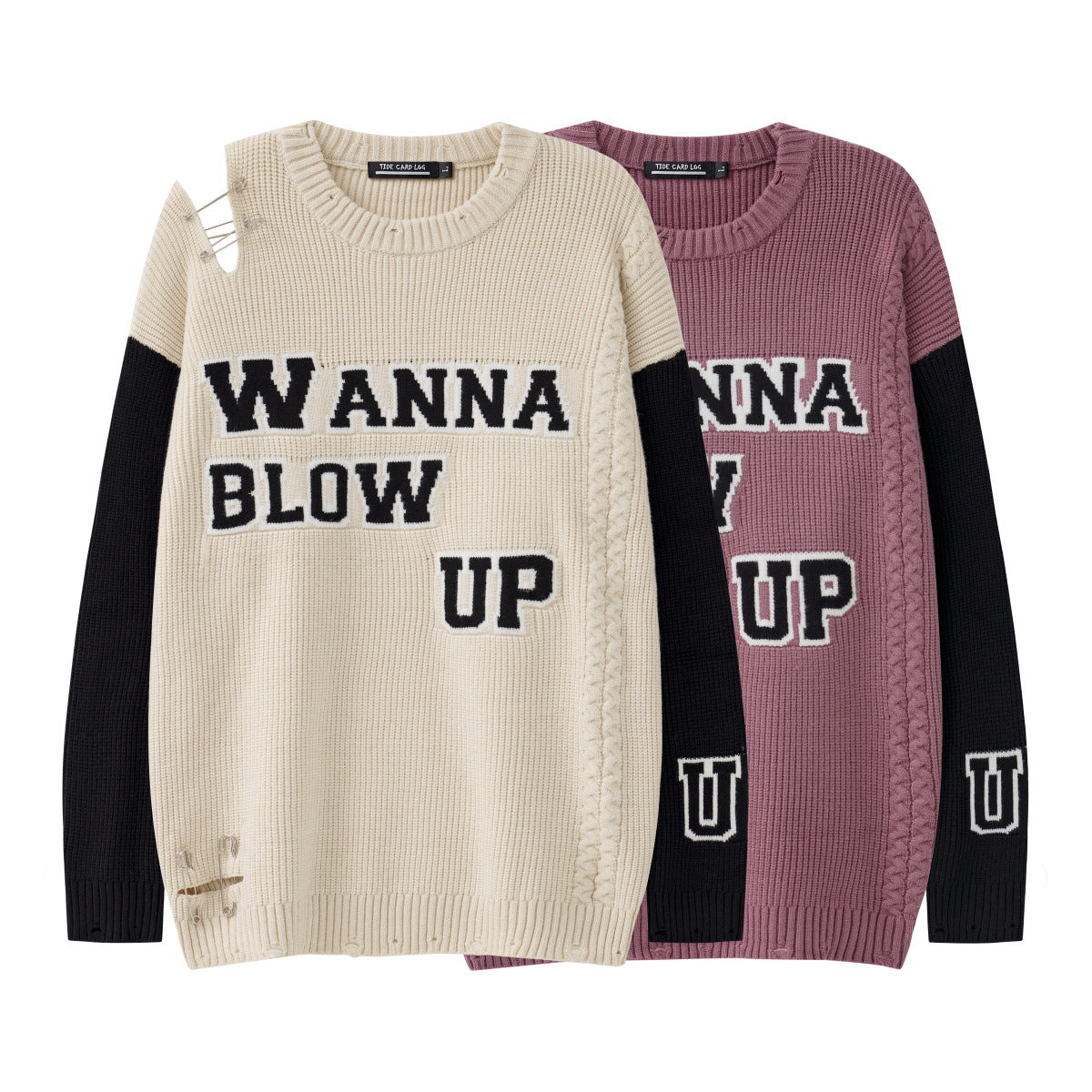 Ripped Pin Embroidered Letter Jacquard Knitted Sweater