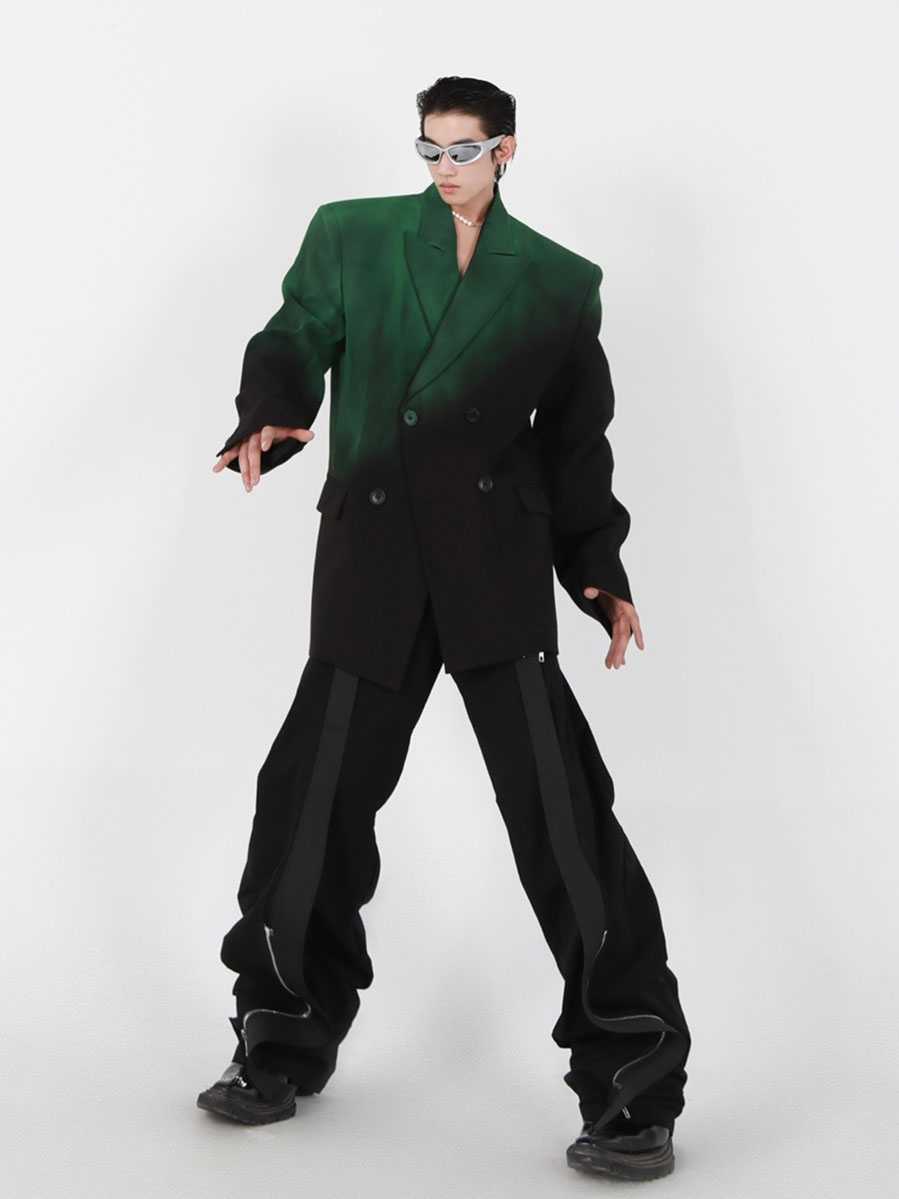 Veste de costume Niche noire verte dégradée, rembourrée, profil d'épaule, ample, design avancé, neutre