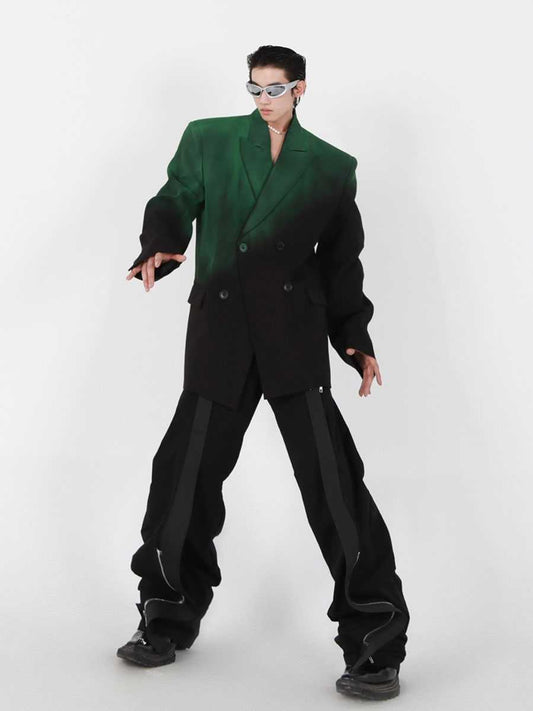 Veste de costume Niche noire verte dégradée, rembourrée, profil d'épaule, ample, design avancé, neutre