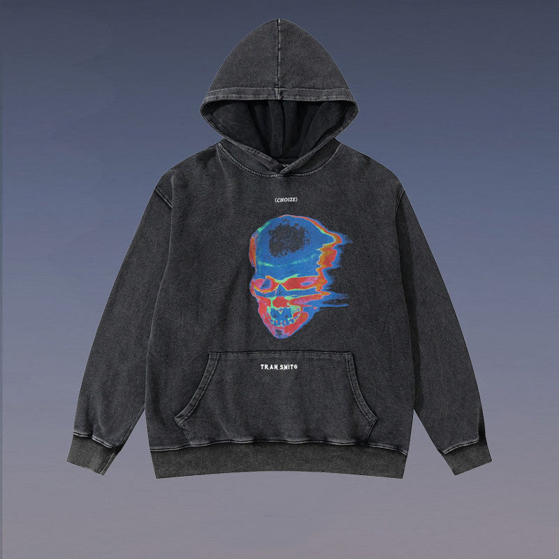 Washed Distressed Skull Graffiti Hoodie