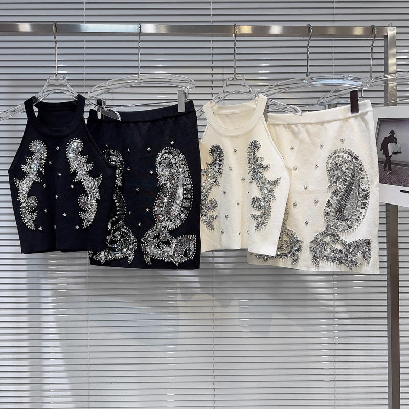 Niche Gaoding Silver Paillette Embroidered Knitted Vest Hip Skirt Suit