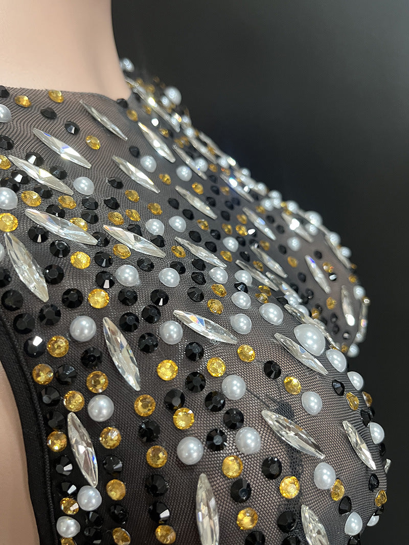 Nouvelle robe à manches longues en diamant brillant noir pour femme, robe de soirée sexy